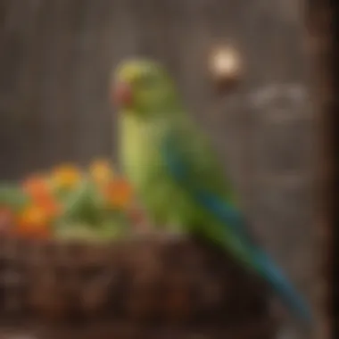Elegant Parakeet in a Well-Decorated Cage An elegant parakeet in a well-decorated cage