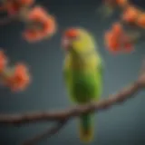 A vibrant parakeet perched on a colorful branch