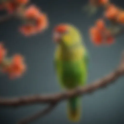A vibrant parakeet perched on a colorful branch