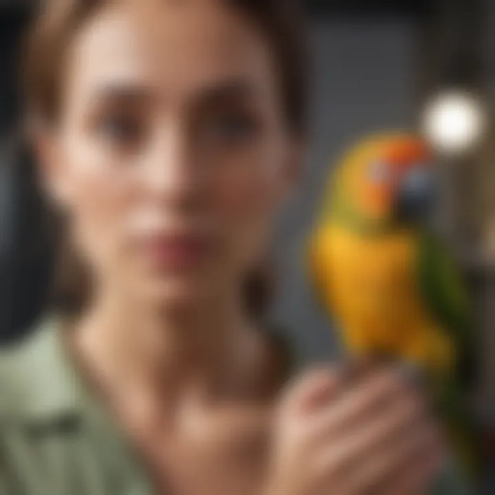 A caring rescuer providing comfort to a conure