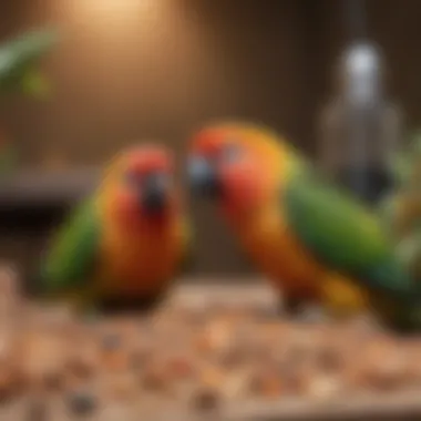 Conures Feasting on Nutritious Pellets Conures enjoying their pellet food in a vibrant aviary setting.