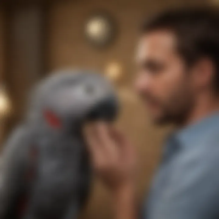 A scenic image of an African Grey parrot interacting with its owner