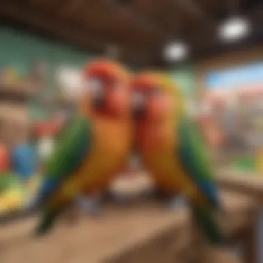 Colorful lovebirds perched in a vibrant pet store environment