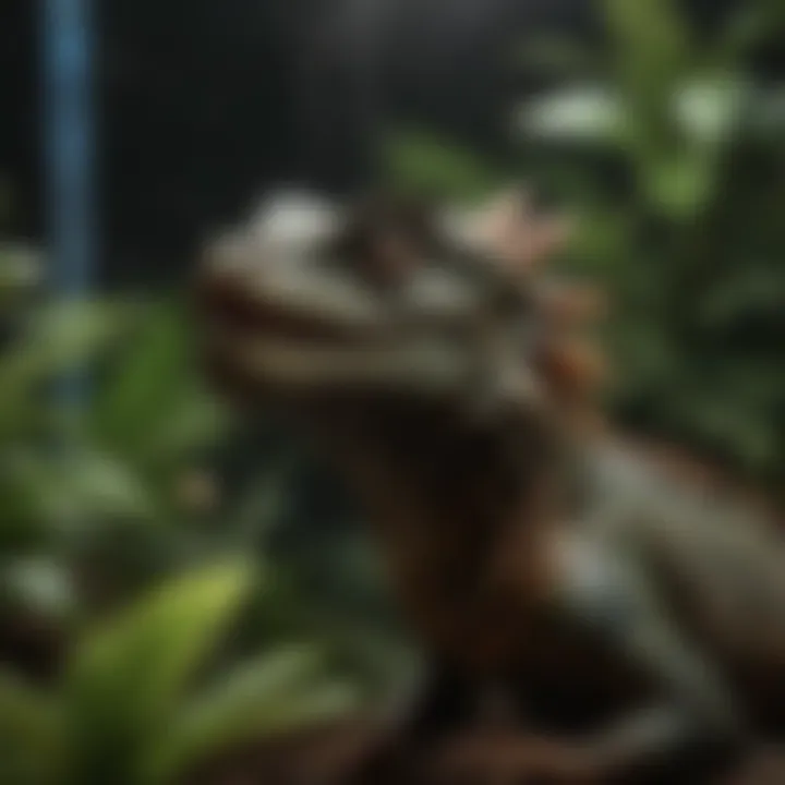Close-up of water dragon basking under a heat lamp with lush greenery around