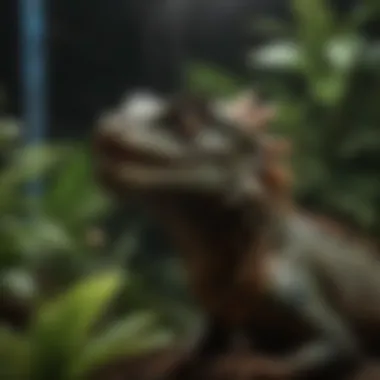 Basking Area with Heat Lamp for Water Dragon Close-up of water dragon basking under a heat lamp with lush greenery around