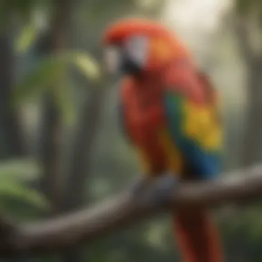 The Beauty of Avian Plumage A vibrant parrot perched on a branch showcasing its colorful plumage.