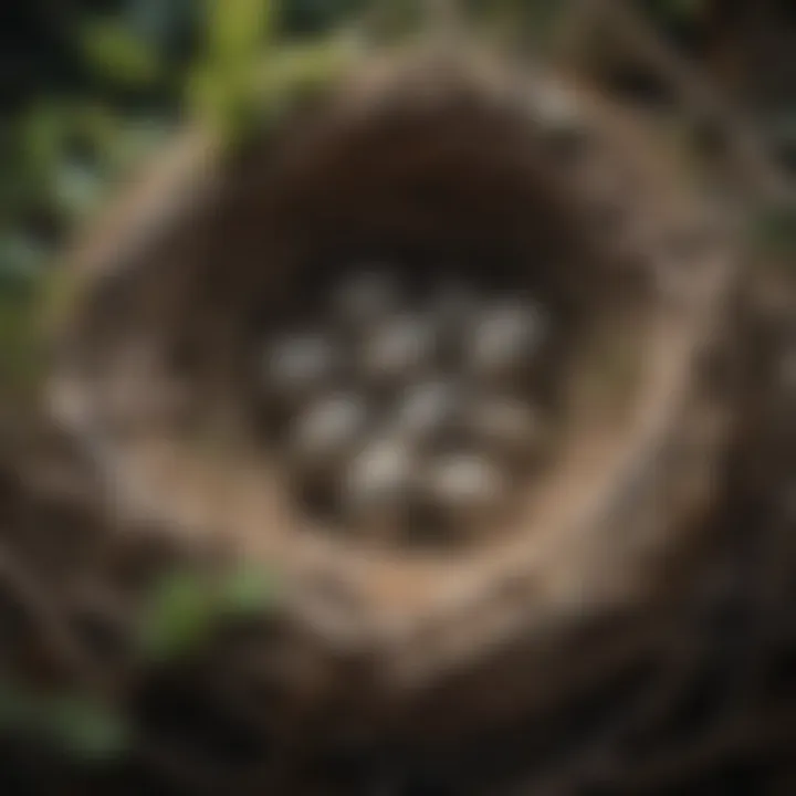 A close-up view of a bird's nest with hatchlings.