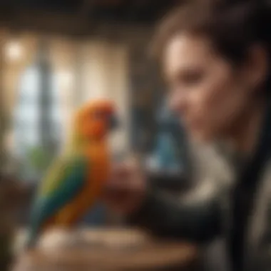 An owner interacting lovingly with a pet bird in a cozy setting.