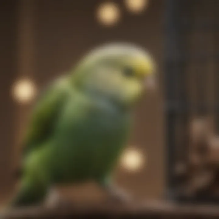 A serene budgerigar exploring its cage