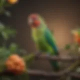 A vibrant parakeet perched on a colorful branch