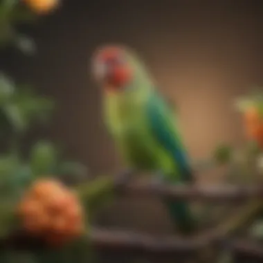 A vibrant parakeet perched on a colorful branch