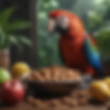 Nutrient-Rich Foods for Macaws A vibrant assortment of fruits and nuts suitable for macaws