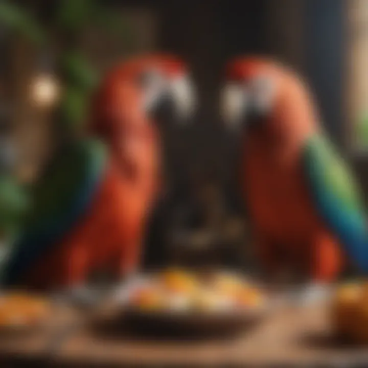 A pet macaw enjoying a balanced meal