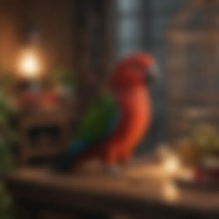 A cozy birdcage set up for an eclectus parrot with toys and perches.