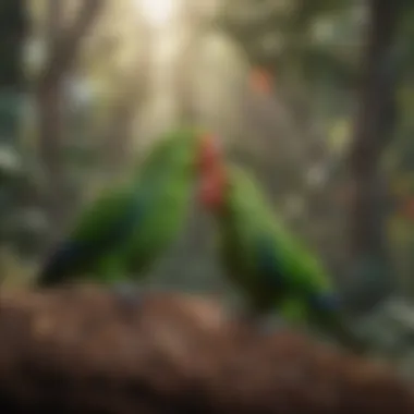 Two eclectus parrots interacting playfully in a natural habitat.