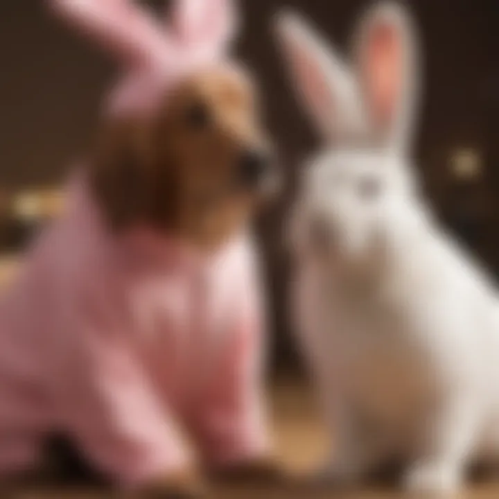 Happy dog and owner sharing a moment in matching bunny costumes