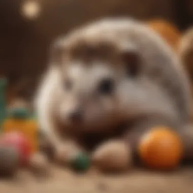 A playful hedgehog interacting with various enrichment toys.