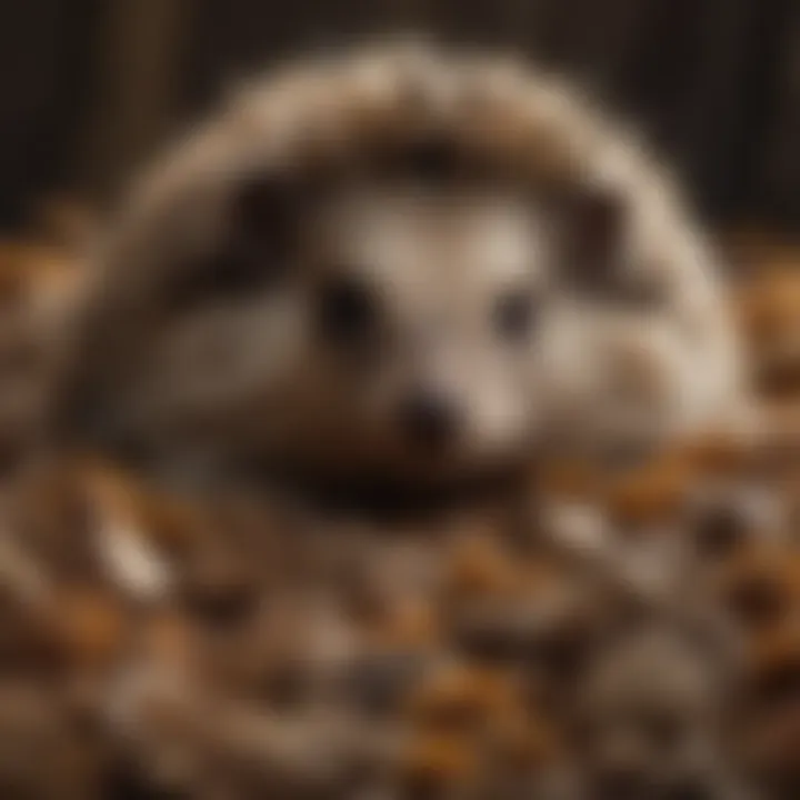 A healthy hedgehog snuggled in bedding, showcasing its natural habitat needs.