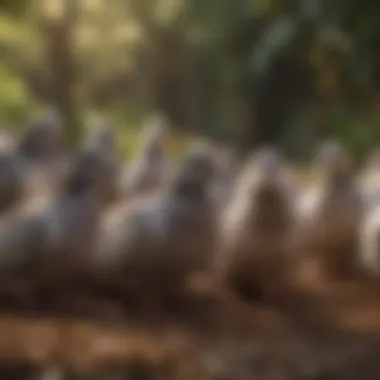 Social Dynamics Among Doves A group of doves interacting in their natural habitat, illustrating their social behavior.