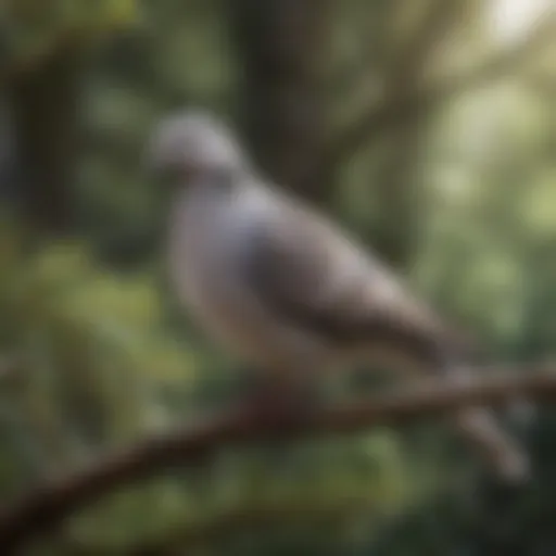 A serene dove perched on a branch, showcasing its delicate features and soft plumage.