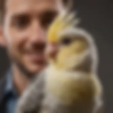 A cheerful cockatiel interacting with its owner, displaying friendly demeanor.