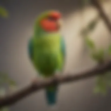 A colorful parakeet perched on a branch showcasing its vibrant feathers.