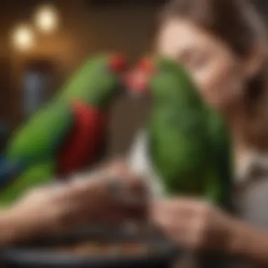 A pet owner interacting with an Eclectus parrot, demonstrating proper feeding practices.