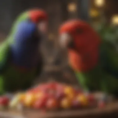 Eclectus parrot enjoying fresh fruits alongside pellets
