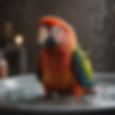 A parrot enjoying a bath in a shallow dish