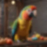 A clean parrot cage with fresh bedding and toys