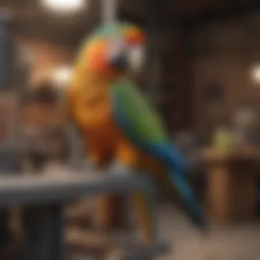 An owner gently cleaning a parrot's play area