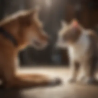 A calm dog being introduced to a cat