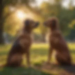 Two dogs meeting for the first time in a park setting