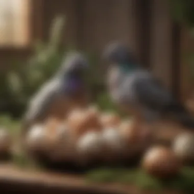 A serene environment showcasing a cage enriched with fake pigeon eggs for pet birds