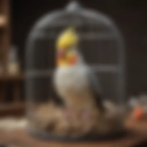 A beautifully arranged cockatiel cage showcasing various accessories.