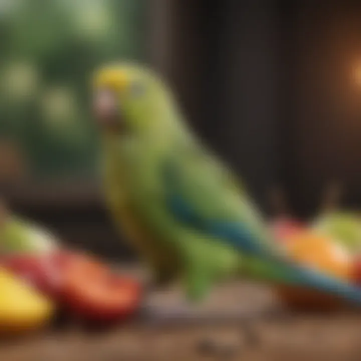 A vibrant display of parakeet-friendly fruits and seeds