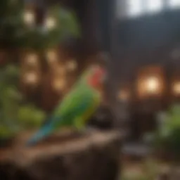 A beautifully arranged parakeet habitat showcasing natural elements