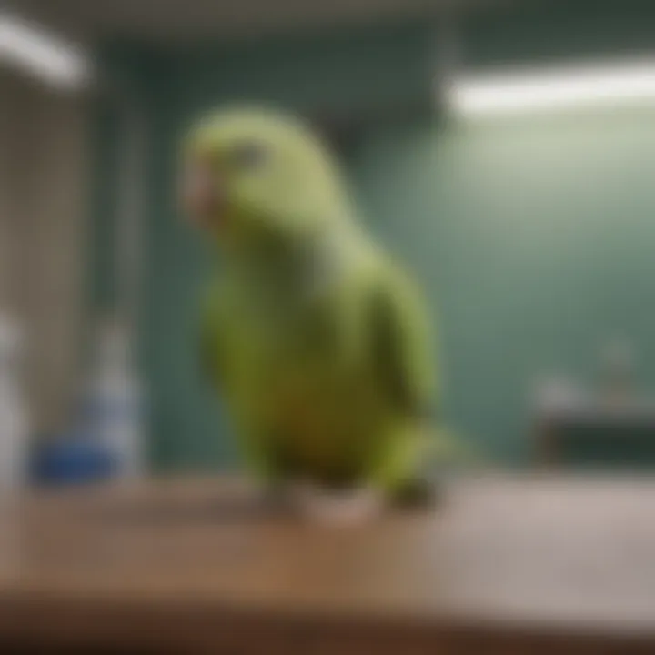 Parakeet in a vet's examination room