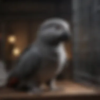 Comfortable Journey for Your African Grey An African Grey comfortably settling into its travel cage during a journey.