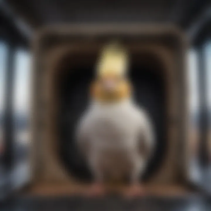 A cockatiel comfortably settled in a carrier during travel