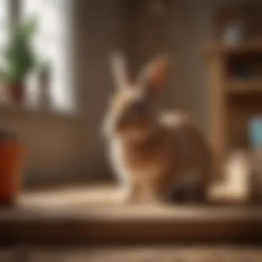 A rabbit happily using its litter box in a cozy environment