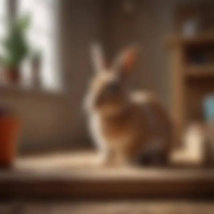 A rabbit happily using its litter box in a cozy environment