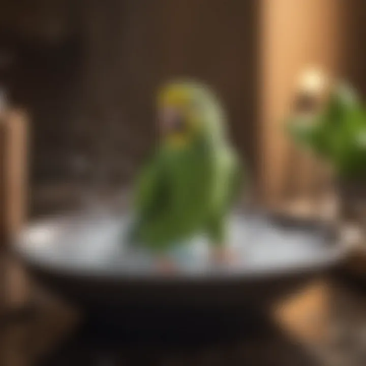 A parakeet enjoying a bath in a shallow dish.