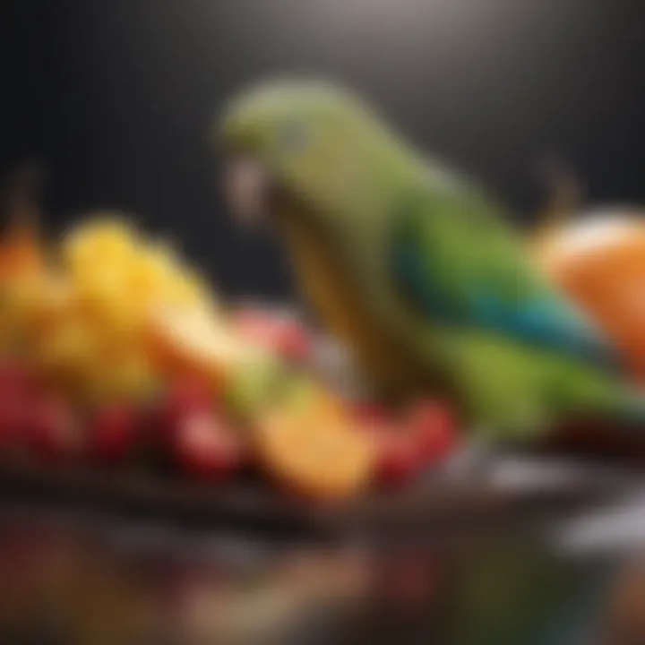 A selection of nutritious parakeet food and fresh fruits.