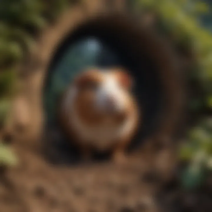 A guinea pig exploring an enriched environment filled with tunnels and hideouts