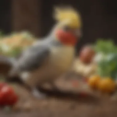 Cockatiel Dietary Needs A colorful assortment of seeds, fruits, and vegetables suitable for cockatiels.