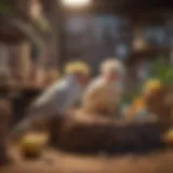 A beautifully arranged cockatiel habitat showcasing various perches and toys.