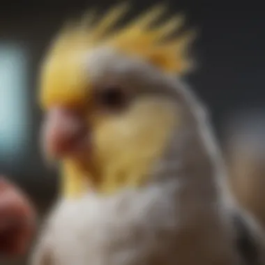A close-up of a healthy cockatiel being examined by a veterinarian.