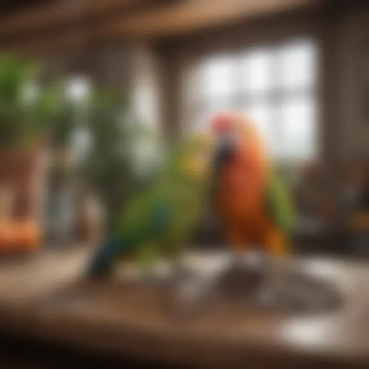 A quiet space designed for a parrot, emphasizing the need for a calm environment.