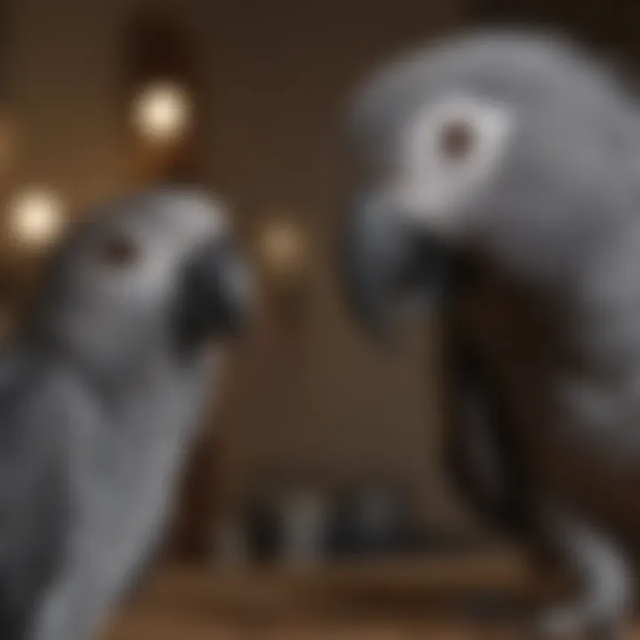 An African Grey Parrot engaging in playful behavior, highlighting its intelligence.